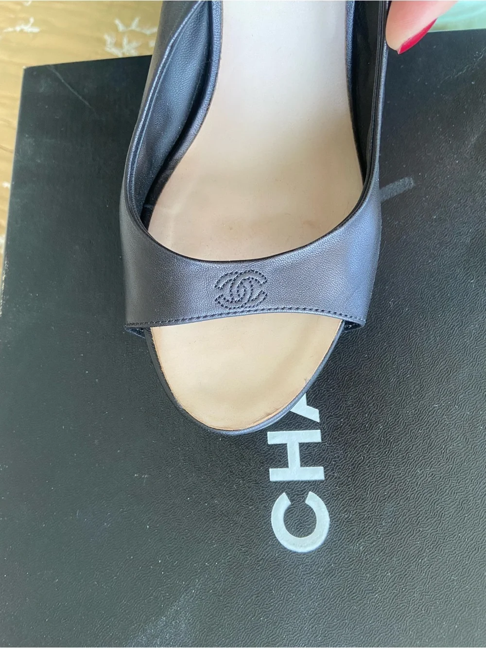 CHANEL Black Leather Open-Toe Slingback Heels 39.5 in Box with Dust bag
